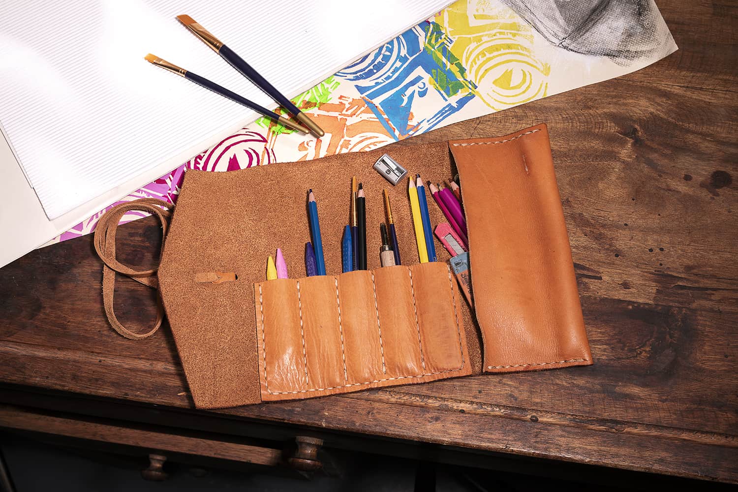 Leather Pen & Pencil Roll  Multifunctional Roll-Up Case (Miel